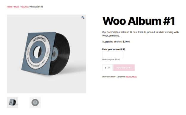 Captura de pantalla del producto nº1 de Woo Album, mostrando un cuadro de texto para introducir el importe.