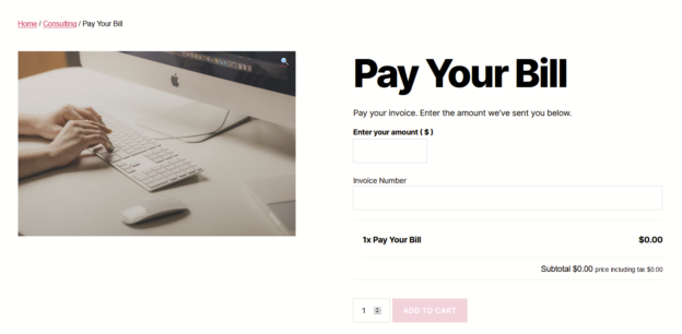 Captura de pantalla del producto Paga tu factura que muestra las entradas de texto “Enter your amoung” (Introduce el importe) y “Invoice Number” (Número de factura).